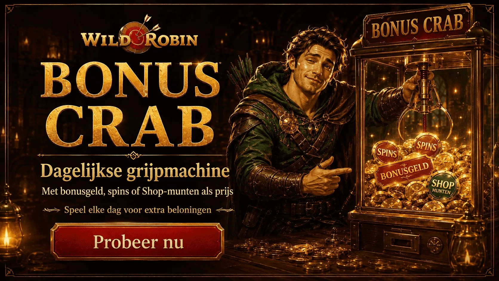 WildRobin Bonus Crab dagelijkse grijpmachine met bonusgeld spins en Shop-munten als prijs