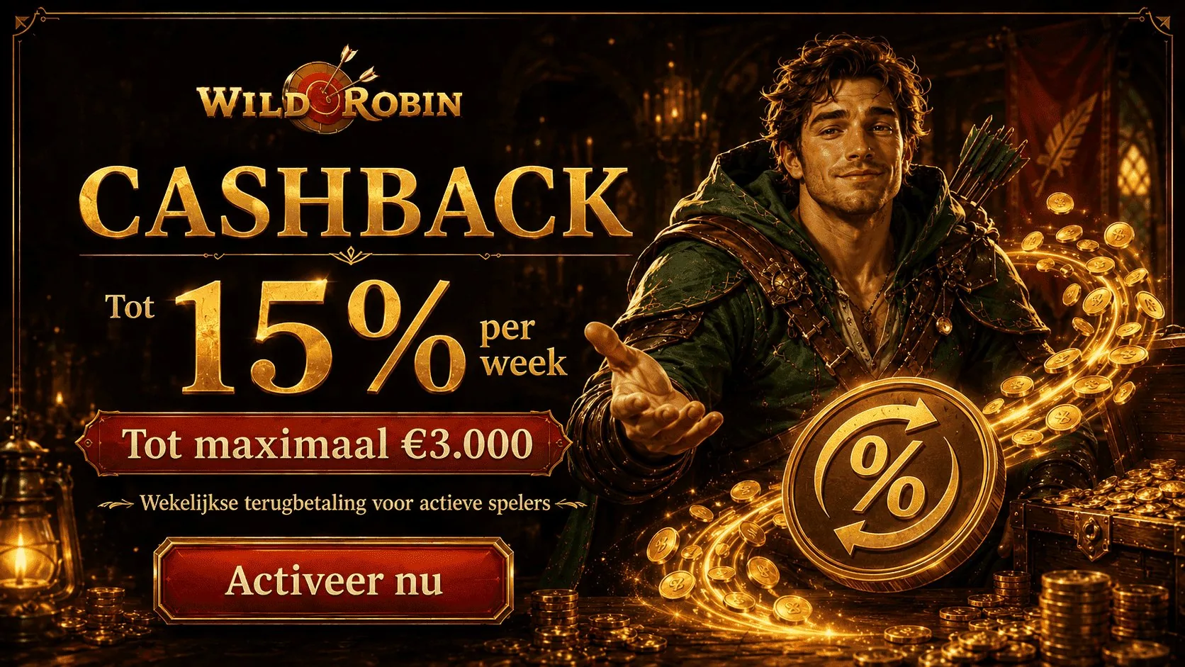 WildRobin cashback tot 15% per week maximaal €3.000