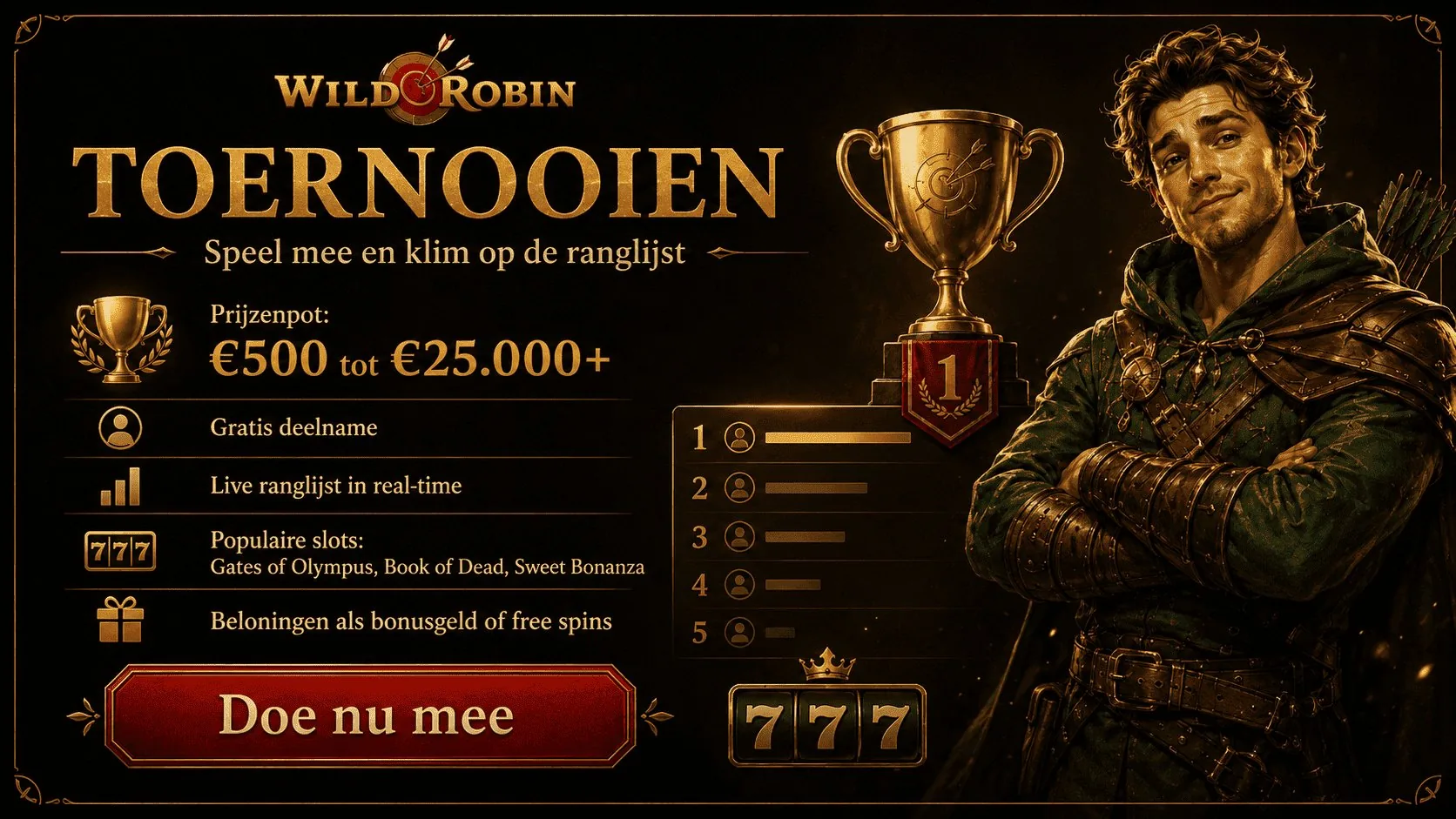 WildRobin toernooien prijzenpot van €500 tot €25.000 gratis deelname live ranglijst en beloningen als free spins
