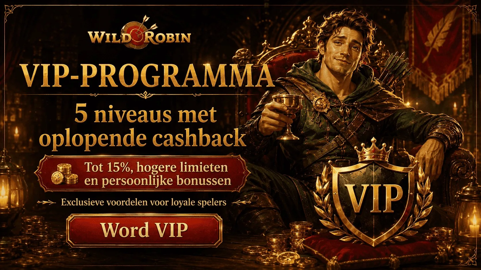 WildRobin VIP-programma 5 niveaus met oplopende cashback tot 15% hogere limieten en persoonlijke bonussen