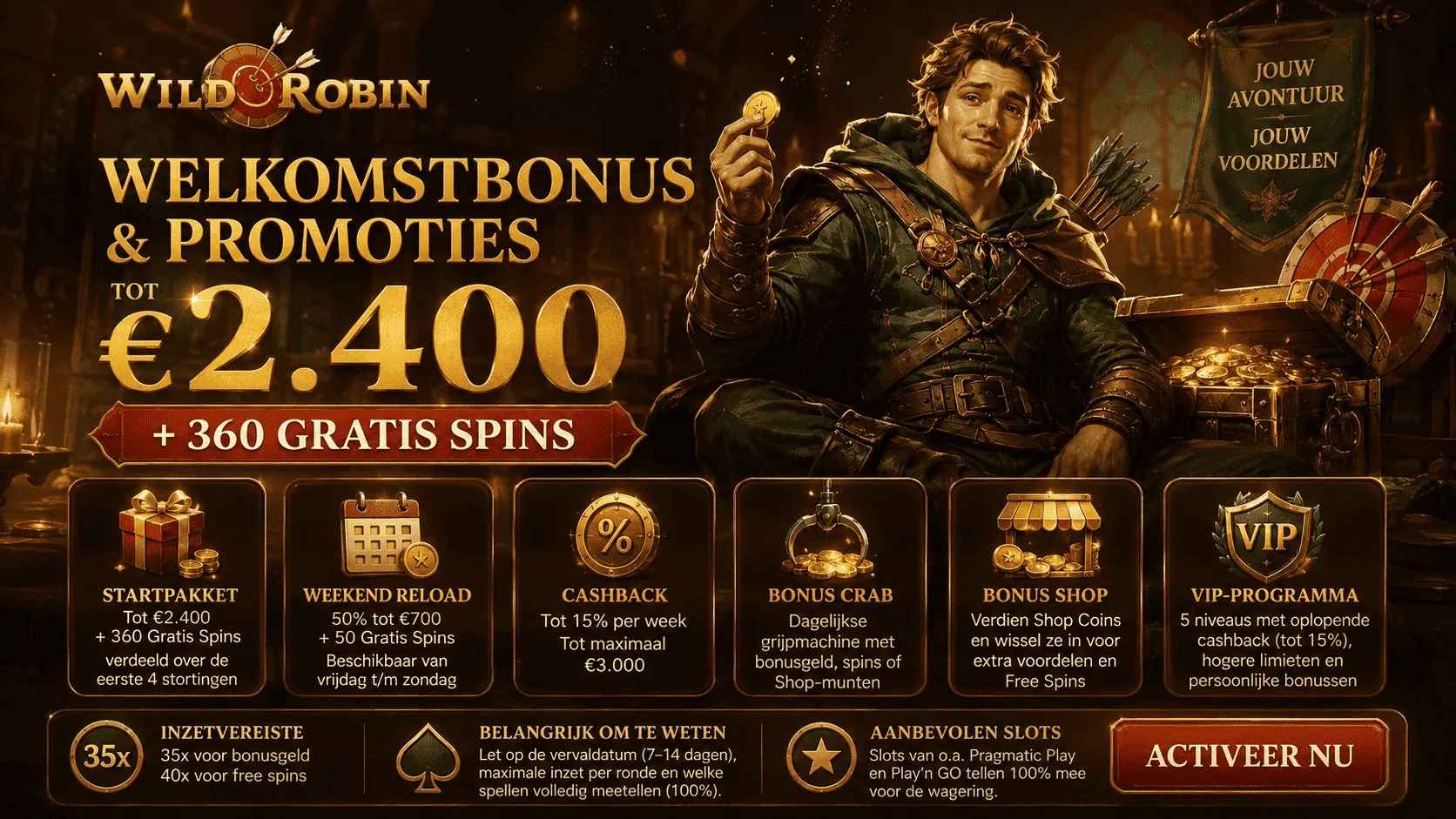 WildRobin welkomstbonus tot €2.400 plus 360 gratis spins verdeeld over eerste 4 stortingen